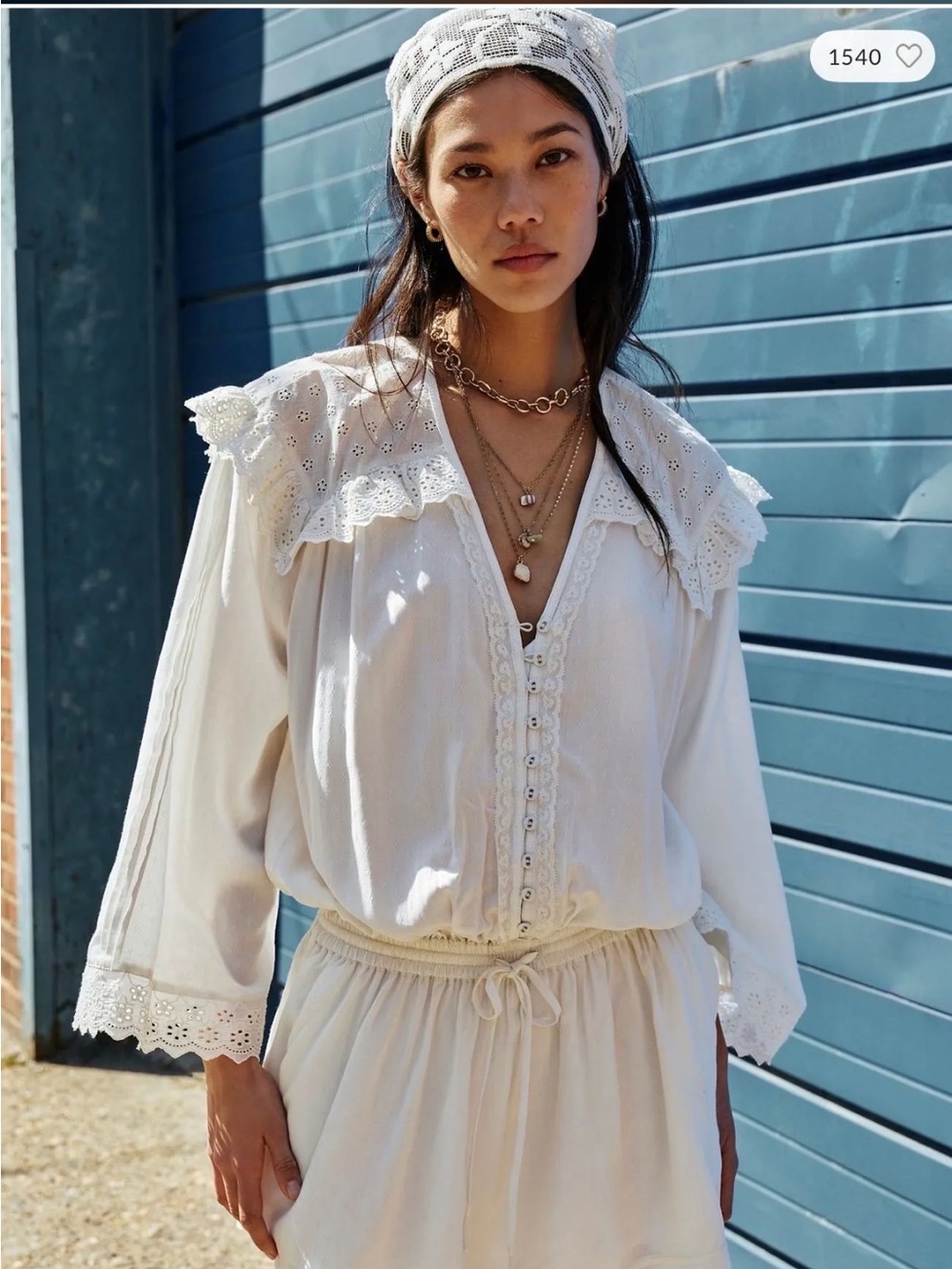 Free People Cream Eyelet Ruffle Long Sleeve Dress